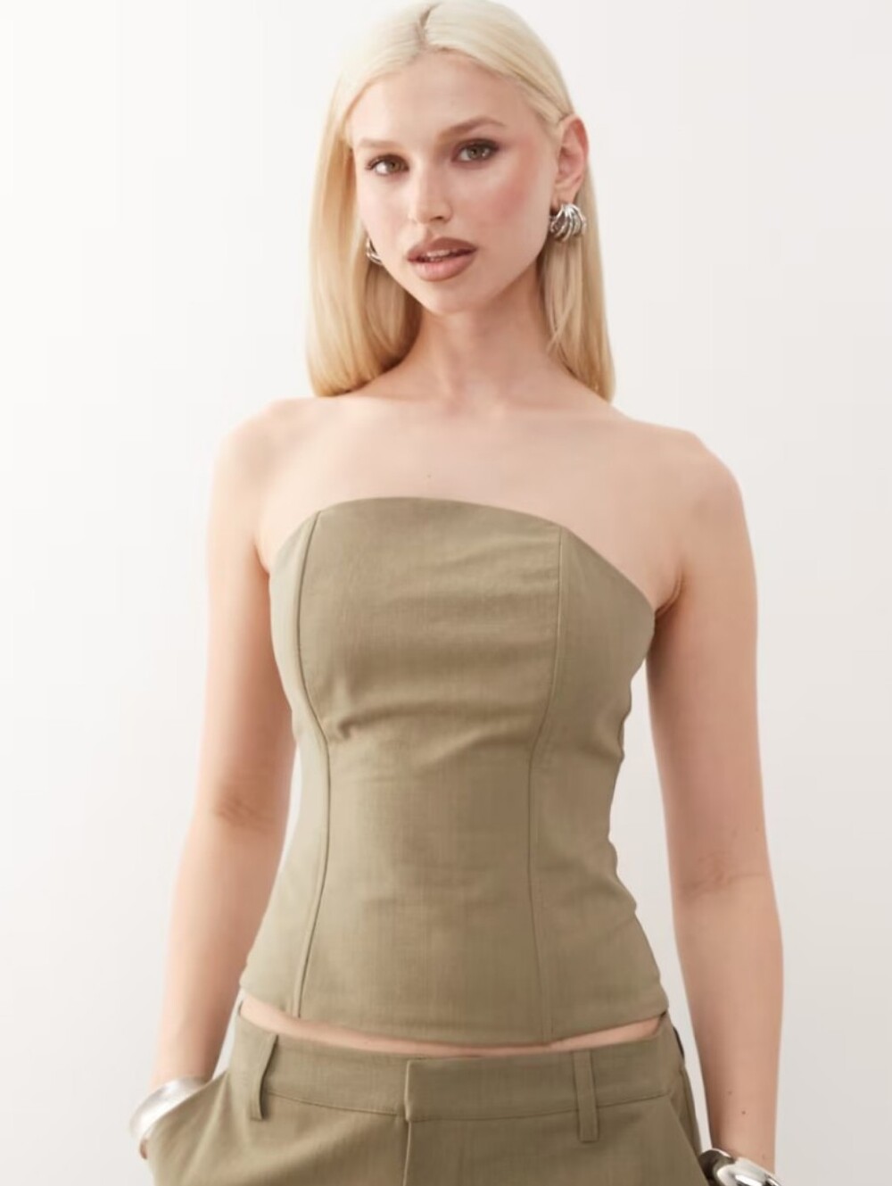 Lioness Untamed Linen Look Cotton Seam Detail Bandeau Corset Top Size Small Sage